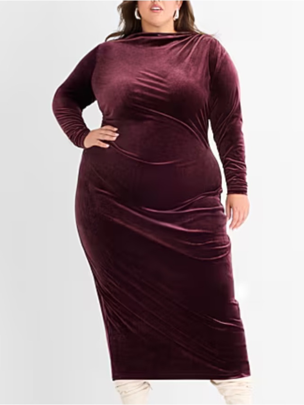 Ashley Graham 4X Wine Goddess Gather Velour Long Sleeve Midi Bodycon Dress NWT
